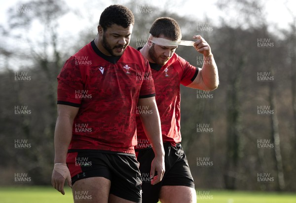 030221 - Wales Rugby Training - Leon Brown and Rhodri Jones during training