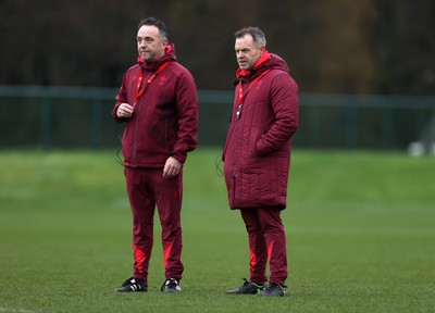 030226 - Wales Rugby Training - Matt Sherratt, Attack Coach and Danny Wilson, Assistant Coach during training