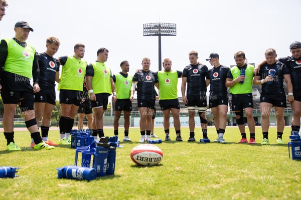 030725 - Wales Rugby Training ahead of their game against Japan on Saturday - Dewi Lake speaks in the team huddle