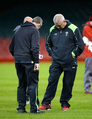 031114 - Wales Rugby Training -Warren Gatland and Rob Howley look at the new pitch during training