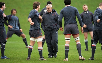 05.02.08 - Wales Rugby Training - Wales Coach, Warren Gatland shares a joke with his players during training 