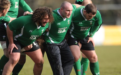 05.02.10 - Wales Rugby Training -  l-r Adam Jones, Gareth Williams and Paul James. 