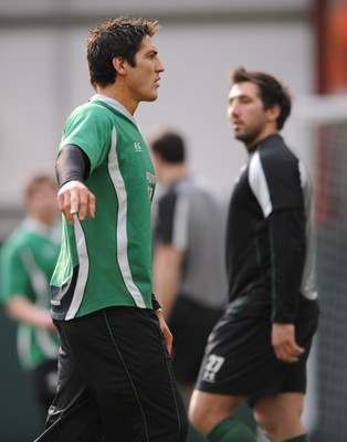 05.03.09 - Wales Rugby Training - James Hook and Gavin Henson look on during training. 