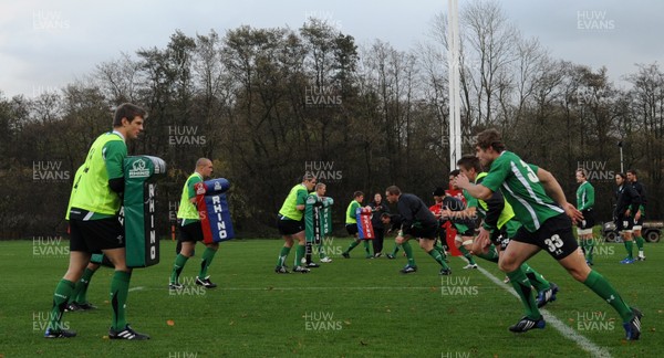 05.11.09 - Wales Rugby Training - Players hit the tackle bags during training. 