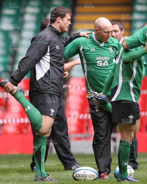 06.02.09 - Wales Rugby Training - Jamie Roberts and Tom Shanklin warms up during training 