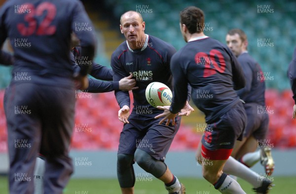 060307 - Wales Rugby Training - Gareth Thomas offloads during training 