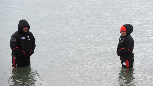 06.10.11 - Wales Rugby Training - Adam Jones and Shane Williams during a recovery session in the sea off Wellington waterfront. 