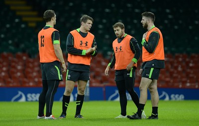 061114 - Wales Rugby Training -George North, Dan Biggar, Leigh Halfpenny and Alex Cuthbert during training