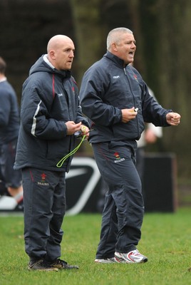 07.02.08 - Wales Rugby Training - Wales Coach, Warren Gatland(r) and Defence coach, Shaun Edwards look on during training 