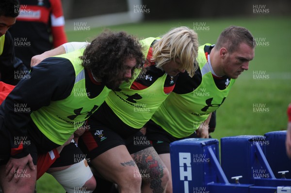 070213 - Wales Rugby Training -Adam Jones, Richard Hibbard and Gethin Jenkins during training