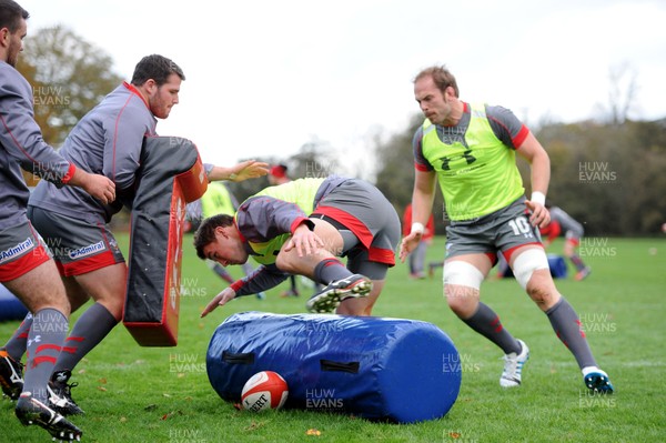 071113 - Wales Rugby Training -Ryan Bevington, Jonathan Davies and Alun Wyn Jones during training