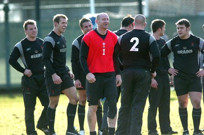 080206  Wales rugby training,Cardiff - Captain Gareth Thomas gets the players smiling in training   