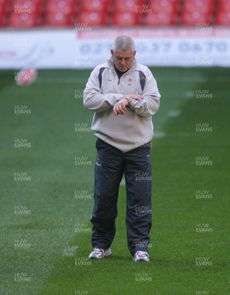 08.02.08 Wales rugby training,Millennium Stadium... Wales Coach Warren Gatland looks at the time. 