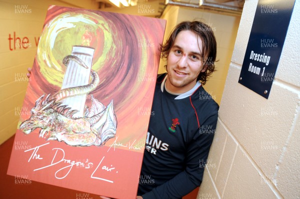 0.02.08 - Wales Rugby - Wales Captain, Ryan Jones stands outside the new Wales team dressing room with a painting from Andrew Vicari 