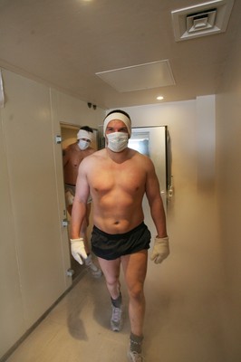08.05.08 Sport... Gethin Jenkinscomes out of  the Cryogenic chamber during Wales team training in Wexford.  