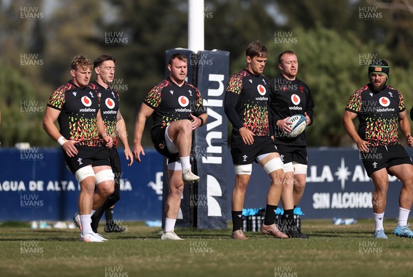 080726 - Wales Rugby train in Argentina for their second game of the Nations Championship - Jac Morgan, Josh Adams, Dewi Lake, Alex Mann and Tommy Reffell during training
