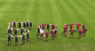 090601 - Wales Rugby Training - The Welsh squad pose for a picture before they play the First Test in Osaka tomorrow, the 500th game for Wales