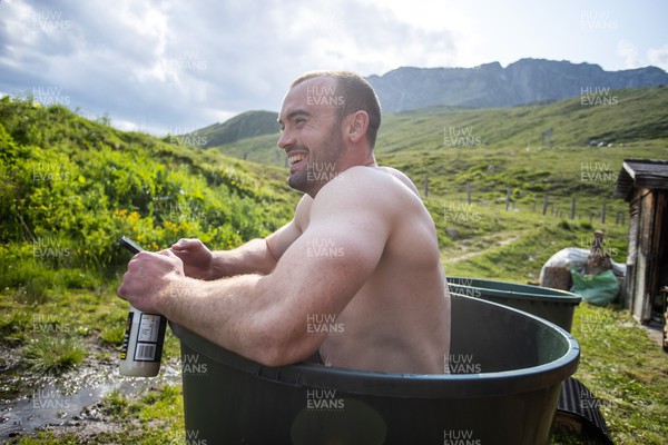 090723 - Wales Rugby World Cup Training camp in Fiesch, Switzerland - Cai Evans in the ice bath