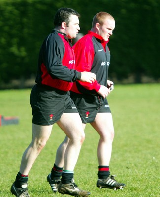 100203 - Wales Rugby Training - Mefin Davies (left) with Gareth Williams in training