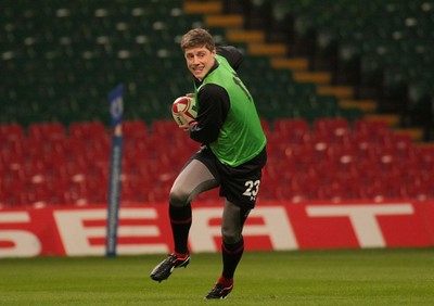 100212 Wales Squad Training - RBS 6 Nations Championship- Wales' Rhys Priestland in action 