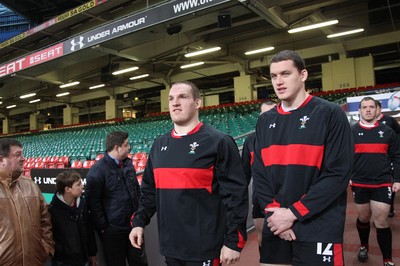 100212   Wales rugby TrainingGethin Jenkins(lt) and Ian Evans(rt) as  the team arrive at the Millennium Stadium for training