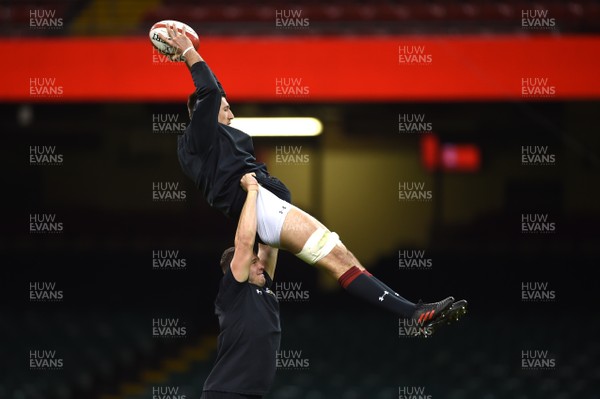 100318 - Wales Rugby Training - Justin Tipuric is lifted by Elliot Dee during training