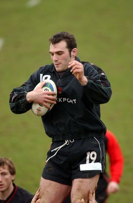 110203 - Wales Rugby Training - Wales and Pontypridd lock Robert Sidoli takes clean line out ball