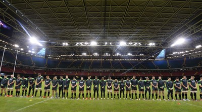 111114 - Wales Rugby Training -Wales players stop training and fall silent at 11am to mark Armistice Day at the Millennium Stadium