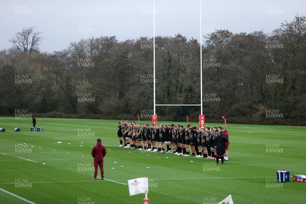 111125 - Wales Rugby Training in the week leading up to their Quilter Nations Series game against Japan - Players observe the two-minute silence on Armistice Day