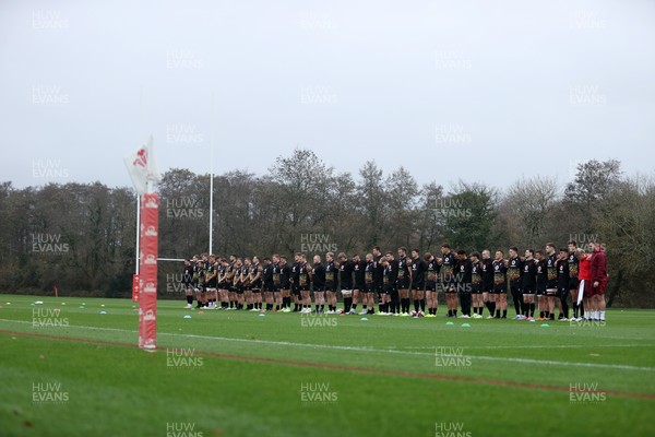 111125 - Wales Rugby Training in the week leading up to their Quilter Nations Series game against Japan - Players observe the two-minute silence on Armistice Day