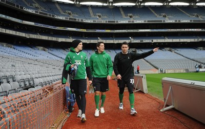 12.03.10 - Wales Rugby Training - (L-R)Tom Prydie, James Hook and Stephen Jones leave kicking practice at Croke Park. 