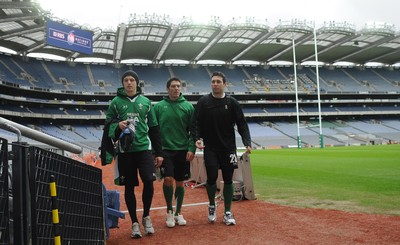 12.03.10 - Wales Rugby Training - (L-R)Tom Prydie, James Hook and Stephen Jones leave kicking practice at Croke Park. 