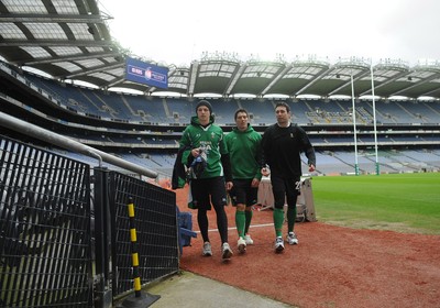 12.03.10 - Wales Rugby Training - (L-R)Tom Prydie, James Hook and Stephen Jones leave kicking practice at Croke Park. 