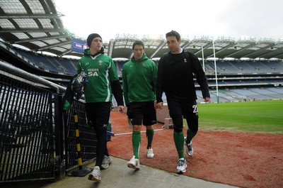12.03.10 - Wales Rugby Training - (L-R)Tom Prydie, James Hook and Stephen Jones leave kicking practice at Croke Park. 