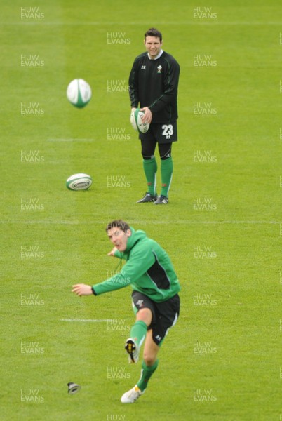 12.03.10 - Wales Rugby Training - Stephen Jones(top) and James Hook during kicking practice. 