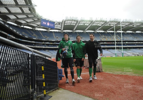 12.03.10 - Wales Rugby Training - (L-R)Tom Prydie, James Hook and Stephen Jones leave kicking practice at Croke Park. 