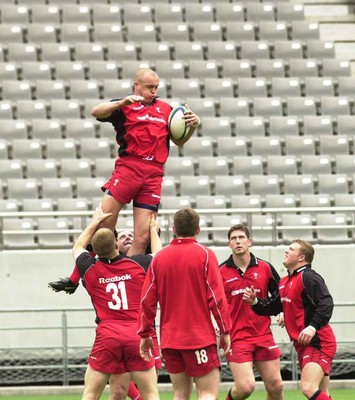 120601 - Wales Rugby Training - Captain Chris Stephens takes line out ball in the Tokyo Stadium during training