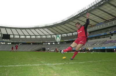 120601 - Wales Rugby Training - Lee Jarvis practices his kicking at the Tokyo Stadium venue for the game against the Pacific Barbarians on Wednesday