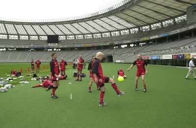 120601 - Wales Rugby Training - Jamie Ringer shows his football skills during training at the Tokyo Stadium venue for the game against the Pacific Barbarians on Wednesday