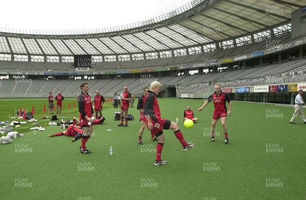 120601 - Wales Rugby Training - Jamie Ringer shows his football skills during training at the Tokyo Stadium venue for the game against the Pacific Barbarians on Wednesday