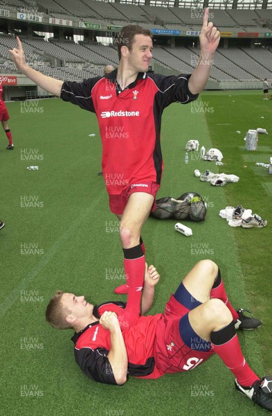 120601 - Wales Rugby Training - Mark Jones jokes with Ryan Powell during training in the Tokyo Stadium