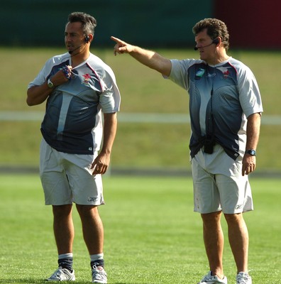 12.09.07 - Wales Rugby World Cup Training - Wales Coach, Gareth Jenkins looks on during training with attack coach, Nigel Davies 