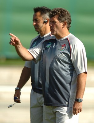 12.09.07 - Wales Rugby World Cup Training - Wales Coach, Gareth Jenkins looks on during training with attack coach, Nigel Davies 