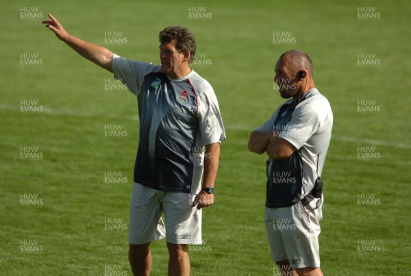 12.09.07 - Wales Rugby World Cup Training - Wales Coach, Gareth Jenkins looks on during training with forwards coach, Robin Mcbryde 