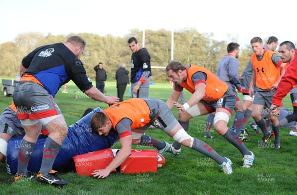 121113 - Wales Rugby Training -Andrew Coombs and Alun Wyn Jones during training