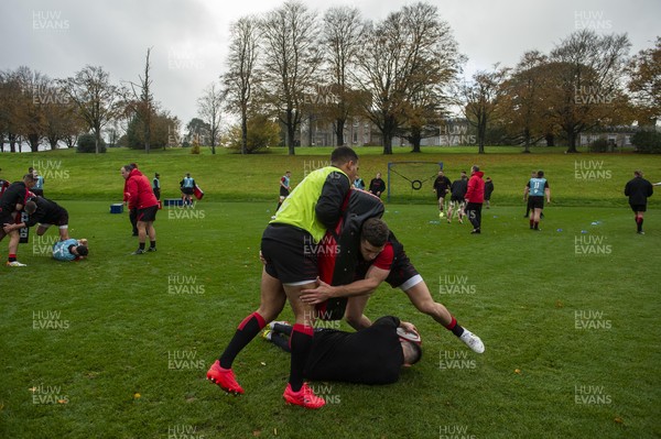 121121 - Wales Rugby Training - Ben Thomas, Kieran Hardy and Josh Adams during training