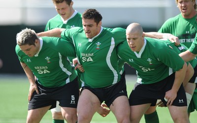 13.03.09 - Wales Rugby Training - (L-R)Rhys Thomas, Huw Bennett and John Yapp pack down during training. 