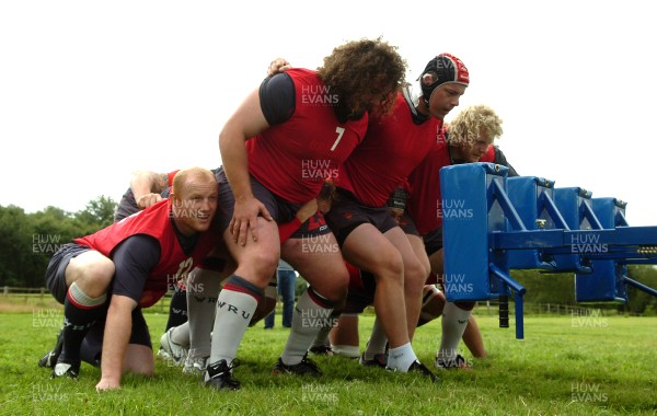 13.08.07 -  Wales Rugby Training - (L-R)Martyn Williams, Adam Jones, Matthew Rees and Duncan Jones take part in scrummaging practice during training  