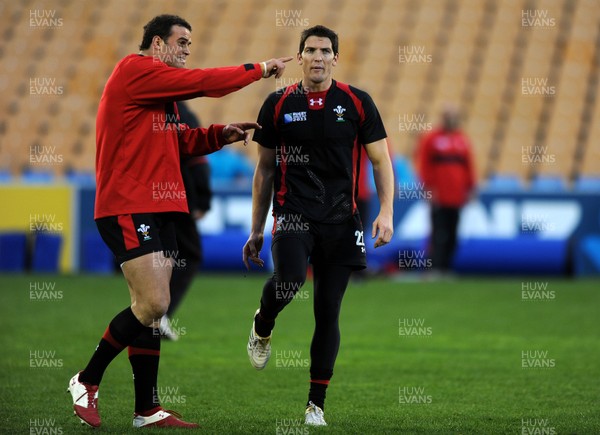 13.10.11 - Wales Rugby Training - James Hook talks to Jamie Roberts(L) during training. 
