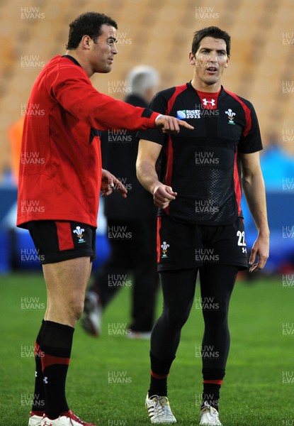 13.10.11 - Wales Rugby Training - James Hook talks to Jamie Roberts(L) during training. 